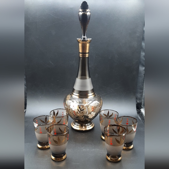 Vintage Smoky Brown Glass Decanter Set 6 Glasses Gold Trim Hand Painted Barware - Picture 1 of 8